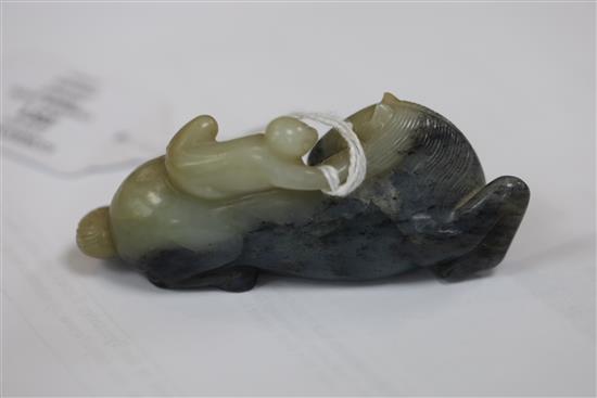 A Chinese pale celadon and grey jade group of a horse with a monkey on its back, 18th / 19th century, L.8.6cm